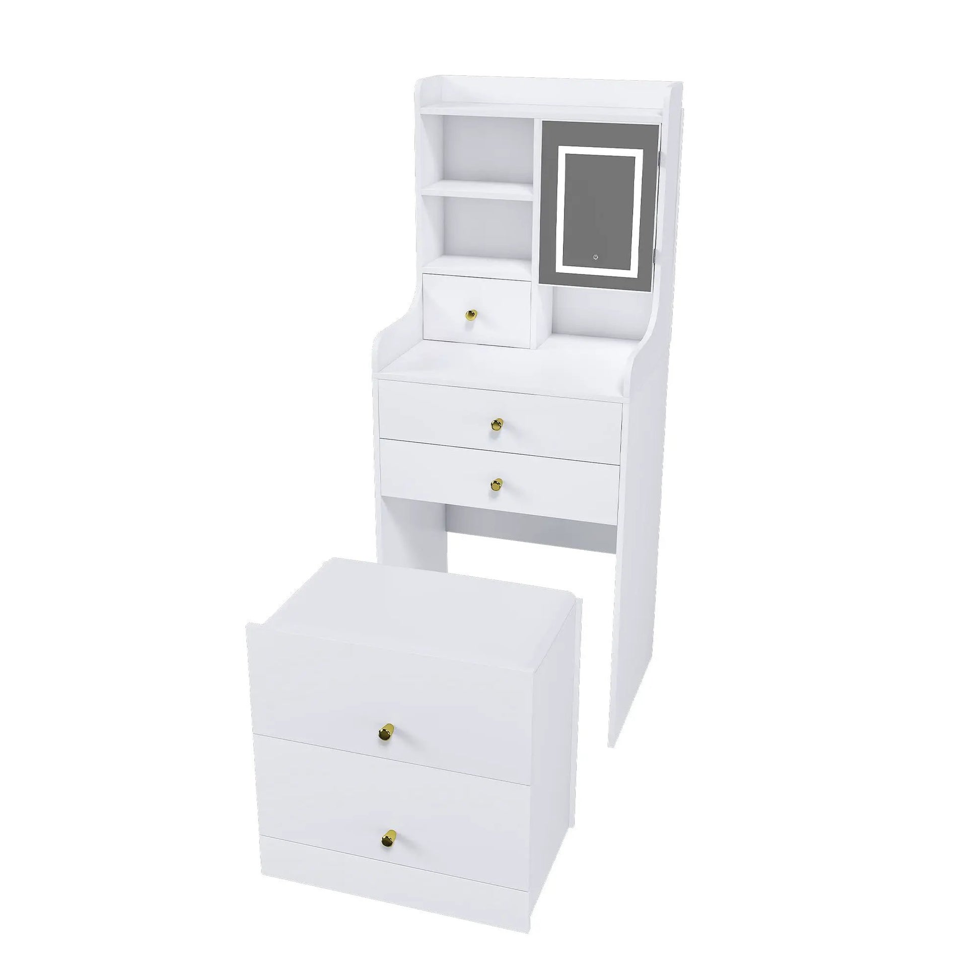 White 3-in-1 vanity set with LED mirror, open shelves, drawers, and storage stool on Tampa Home & Garden Store
