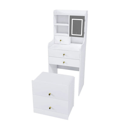 White 3-in-1 vanity set with LED mirror, open shelves, drawers, and storage stool on Tampa Home & Garden Store