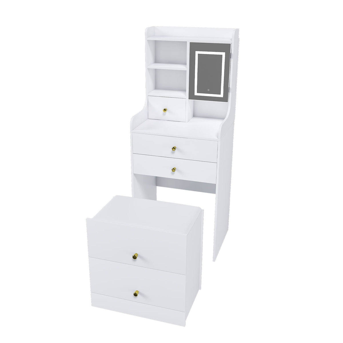 White 3-in-1 dressing table vanity with shelves gray-paneled cabinet door and gold knobs on Tampa Home & Garden Store