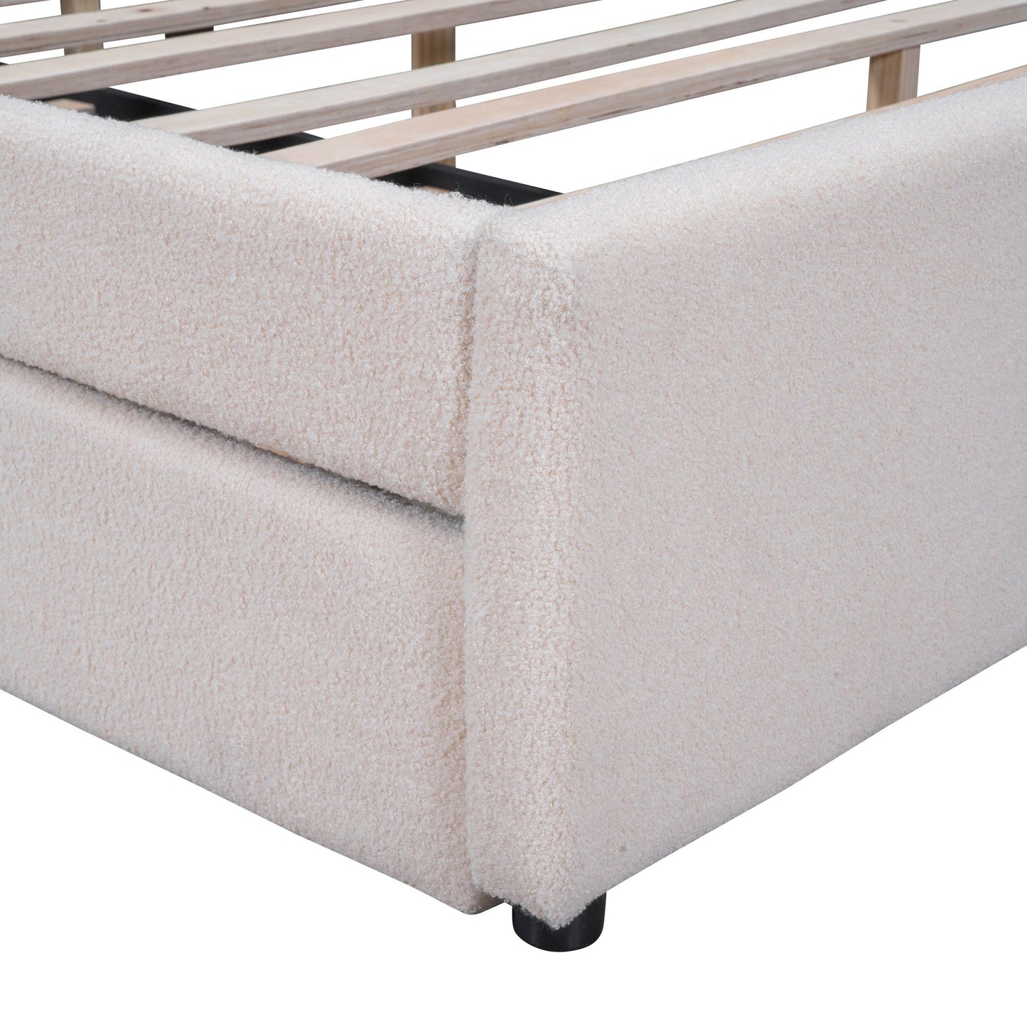 Upholstered Platform Bed With Trundle beige boucle with black metal legs HouseOfZazla on Tampa Home & Garden Store
