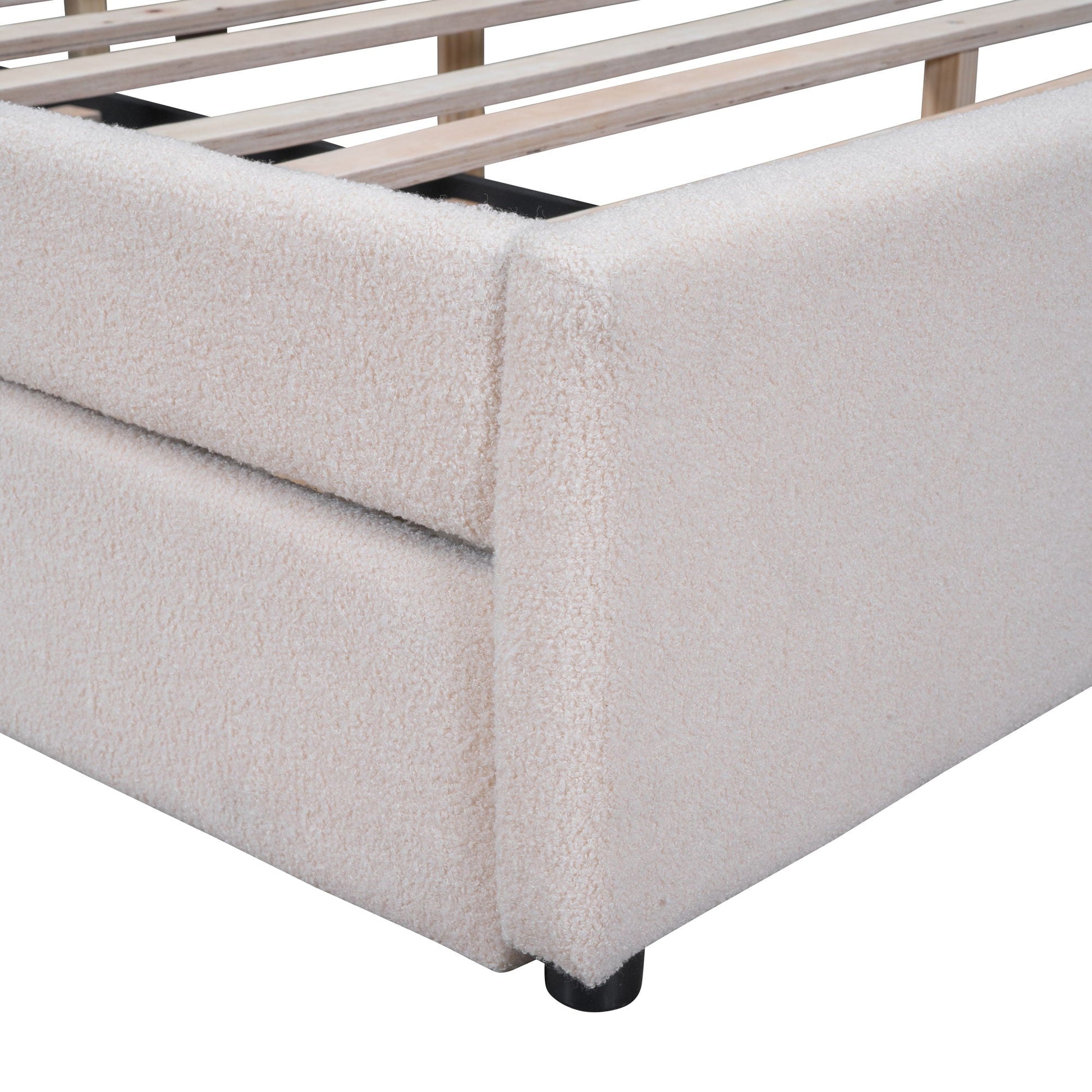 Upholstered Platform Bed With Trundle beige boucle with black metal legs HouseOfZazla on Tampa Home & Garden Store