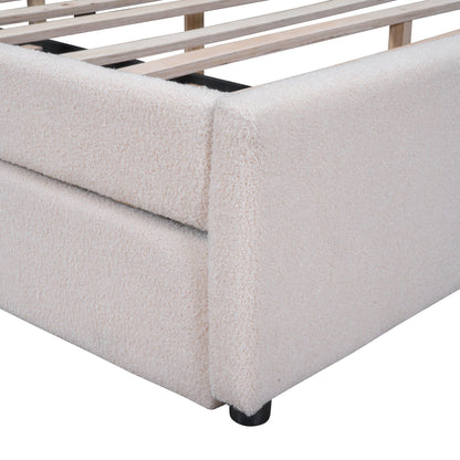 Upholstered Platform Bed With Trundle beige boucle with black metal legs HouseOfZazla on Tampa Home & Garden Store