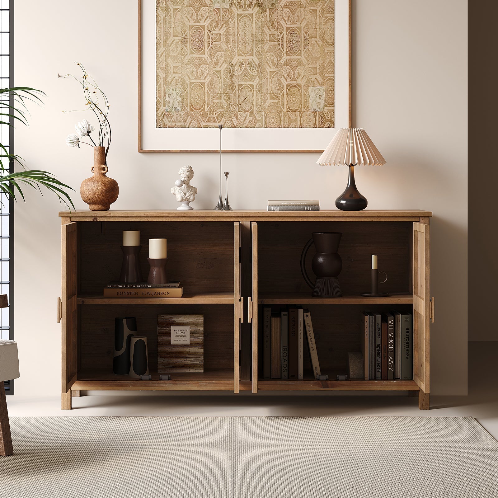 60-inch Wood Accent Cabinet with 4 Doors brown and antique white, top lamp on Tampa Home & Garden Store
