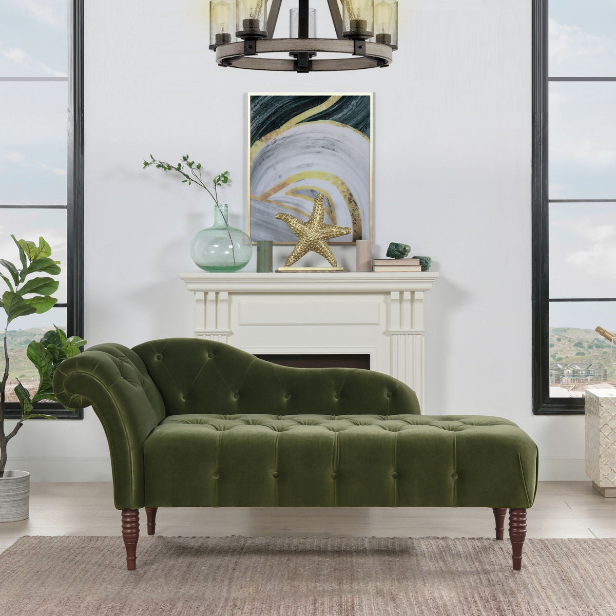 Tufted roll-arm chaise lounge in dark green velvet with premium foam on Tampa Home & Garden Store