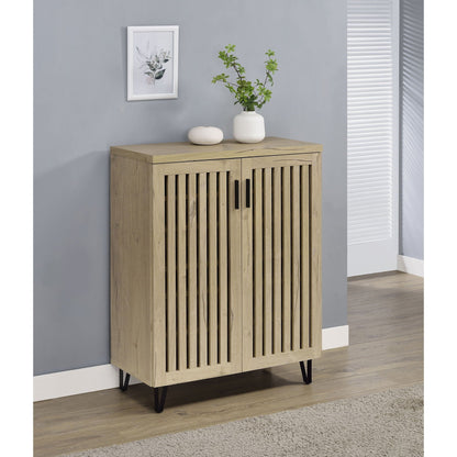 Clackamas 2-Door Storage Cabinet w/Adj Shelves natural wood finish slatted doors metal legs on Tampa Home & Garden Store