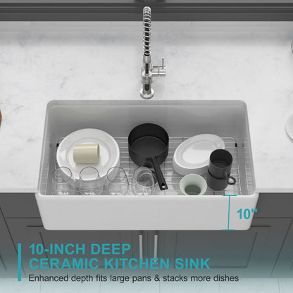 Apron-front ceramic kitchen sink by HouseOfZazla, white single bowl with ribbed finishes on Tampa Home & Garden Store