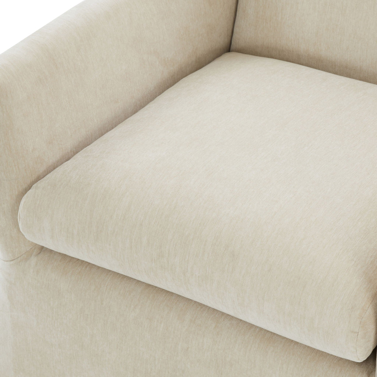 Skirted swivel accent chair beige fabric close-up detail on Tampa Home & Garden Store