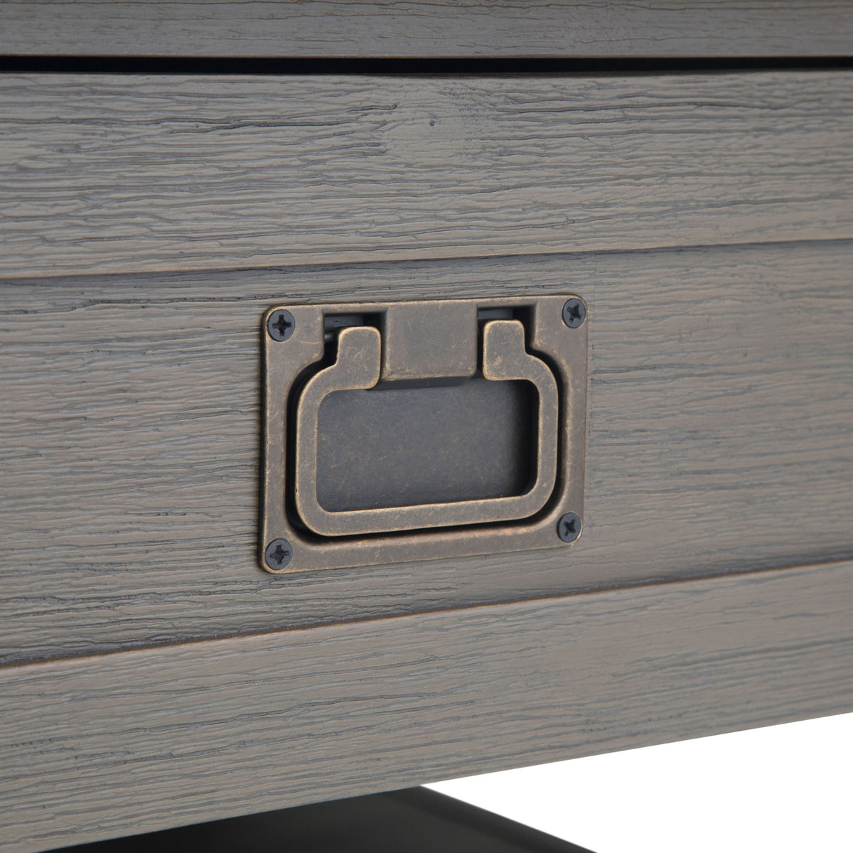 Monroe Solid Acacia Side Table for Living gray wood finish with metal hardware detail on Tampa Home & Garden Store
