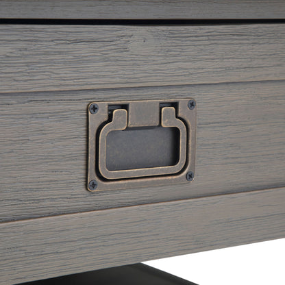 Monroe Solid Acacia Side Table for Living gray wood finish with metal hardware detail on Tampa Home & Garden Store