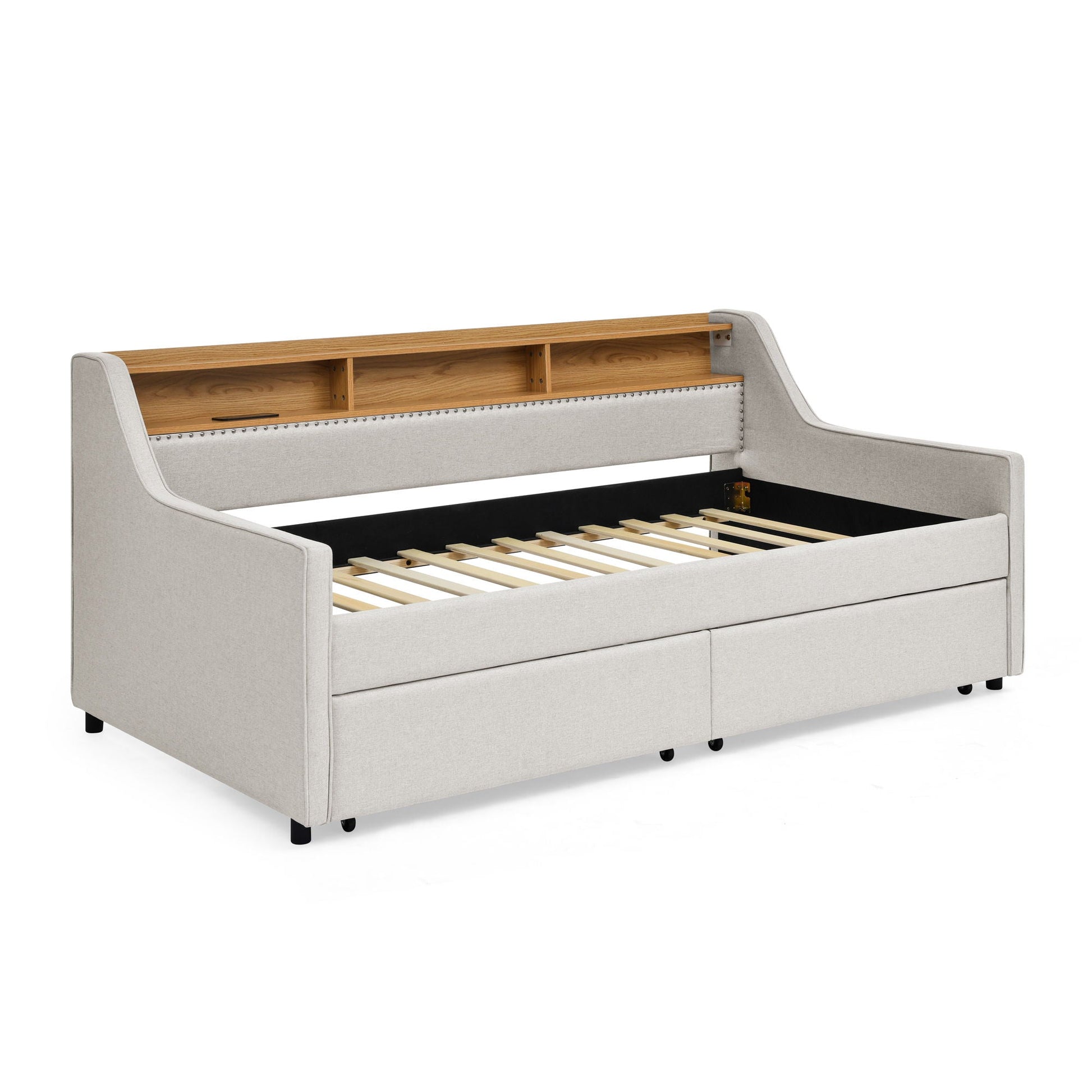 Twin beige upholstered sofa bed with wood top storage shelf and drawers HouseOfZazla on Tampa Home & Garden Store