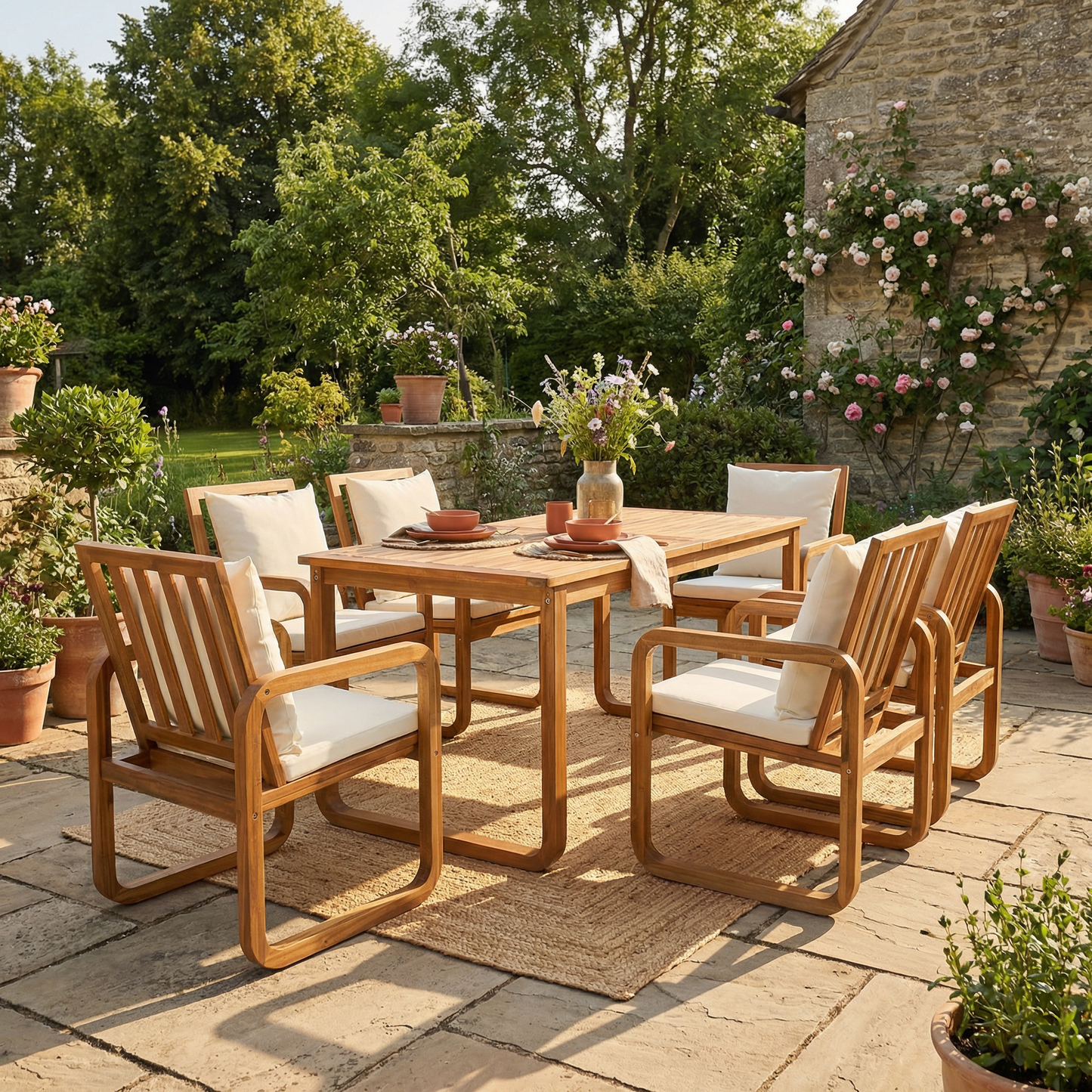 7-piece patio dining set by HouseOfZazla with wood table and chairs, cream cushions on Tampa Home & Garden Store