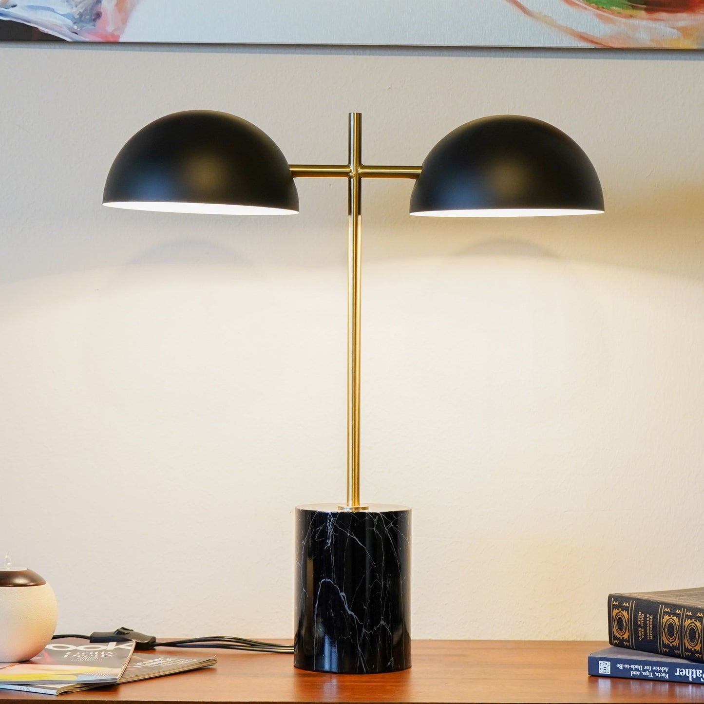 Nova Hydro double table lamp with black marble base, gold stem and twin black shades HouseOfZazla on Tampa Home & Garden Store
