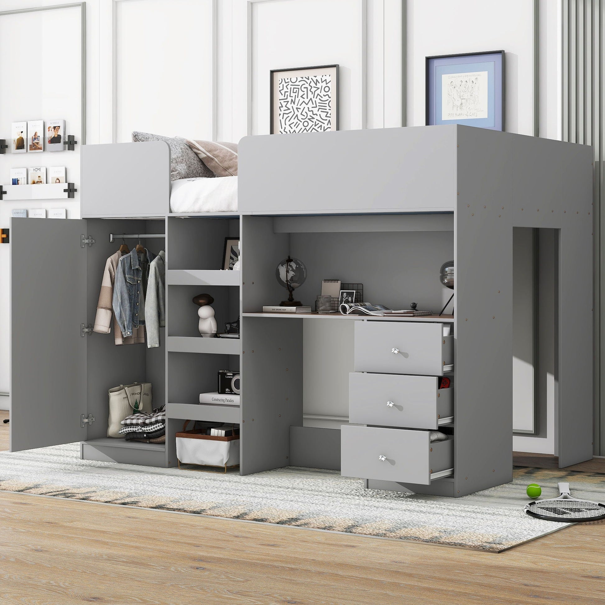 Loft bed with built-in wardrobe, desk, shelves and drawers in gray by HouseOfZazla on Tampa Home & Garden Store