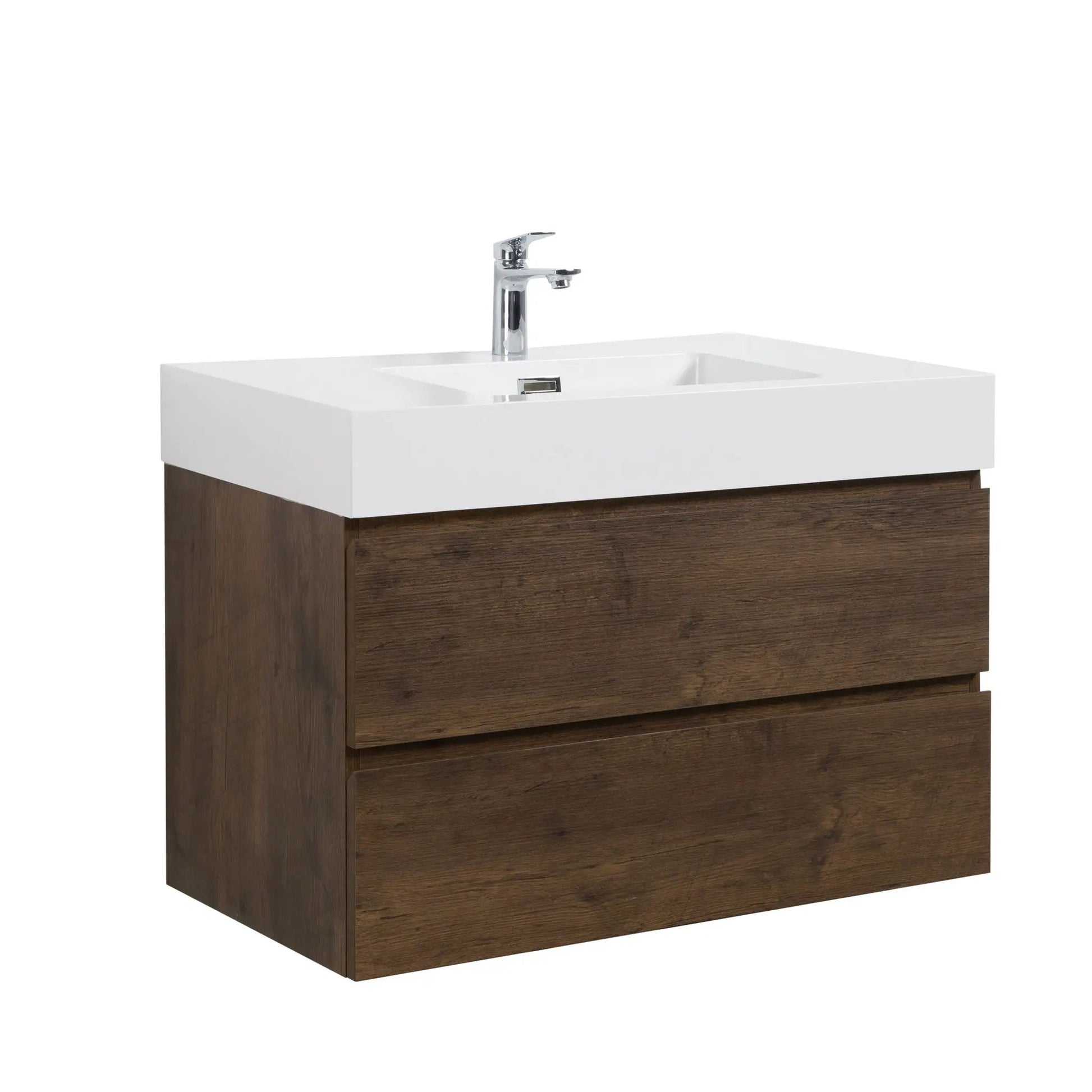Alice wall-mounted vanity with integrated sink, white top over dark wood cabinet, chrome faucet on Tampa Home & Garden Store