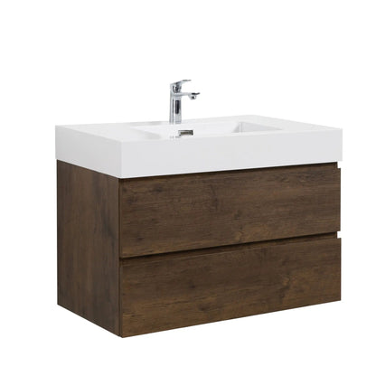 Alice wall-mounted vanity with integrated sink, white top over dark wood cabinet, chrome faucet on Tampa Home & Garden Store