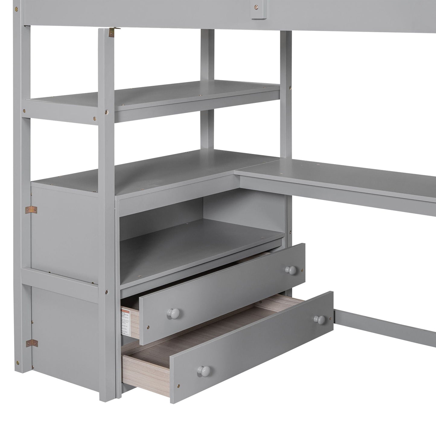 Loft bed with desk and built-in gray shelves, two drawers and storage staircase on Tampa Home & Garden Store