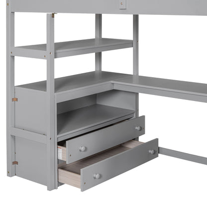 Loft bed with desk and built-in gray shelves, two drawers and storage staircase on Tampa Home & Garden Store