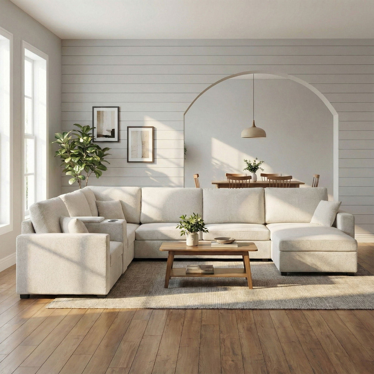 Modular 5-seat U-shaped sectional sofa with chaise lounge in light beige upholstery HouseOfZazla on Tampa Home & Garden Store