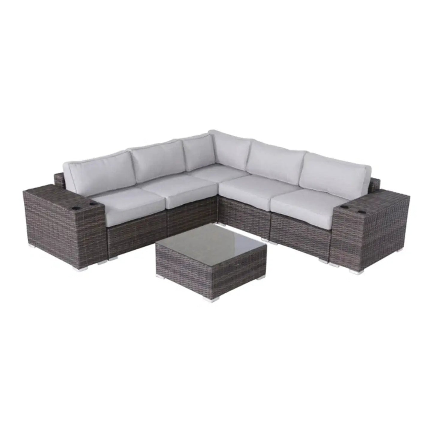 Modern patio rattan sectional with gray cushions, brown wicker frame, 2-piece on Tampa Home & Garden Store
