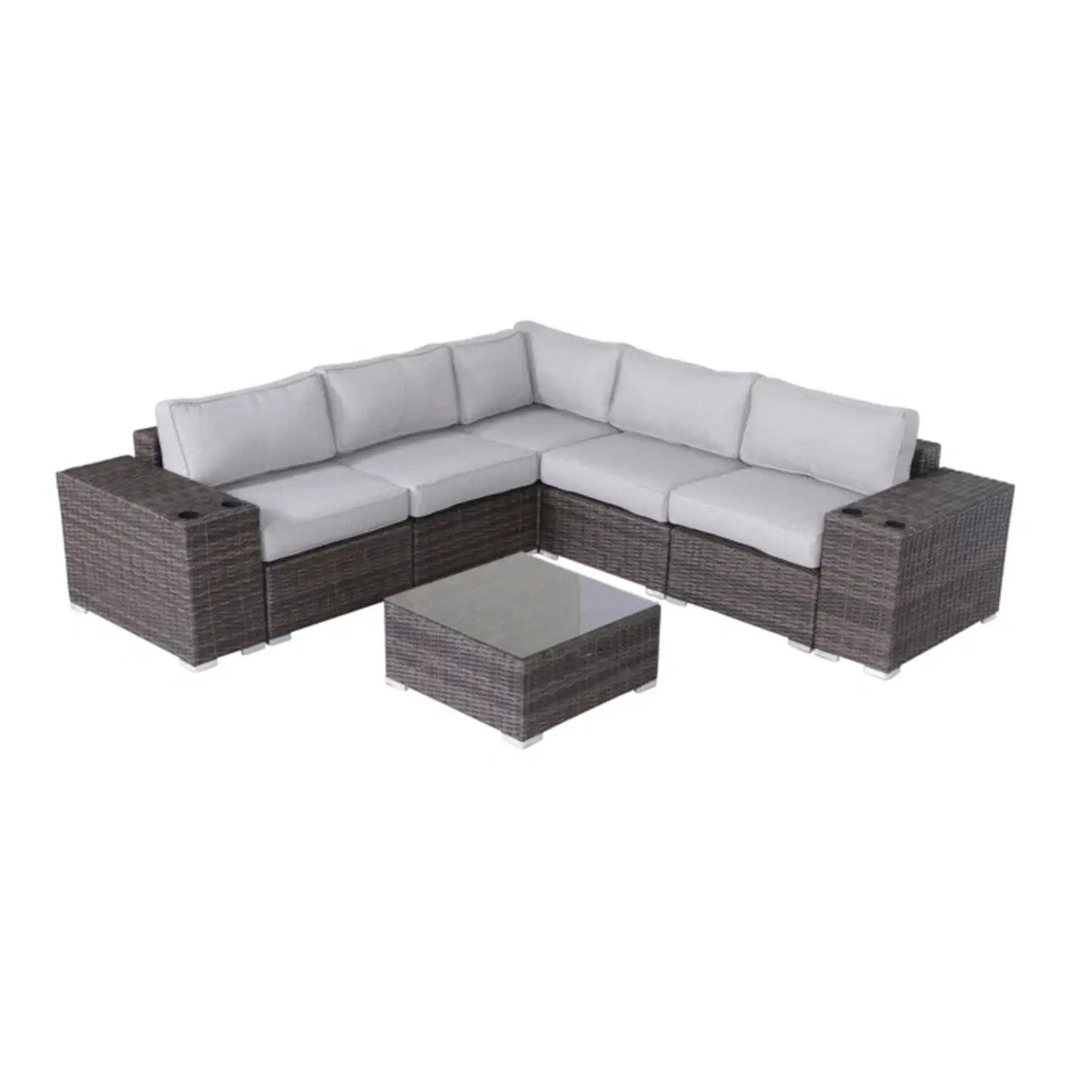 Modern patio rattan sectional with gray cushions, brown wicker frame, 2-piece on Tampa Home & Garden Store
