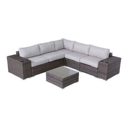 Modern patio rattan sectional with gray cushions, brown wicker frame, 2-piece on Tampa Home & Garden Store