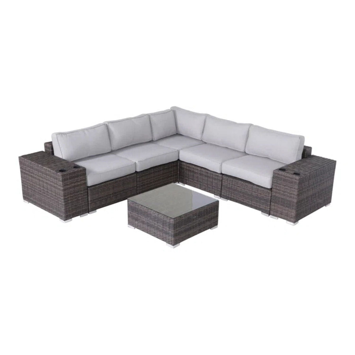 Modern patio rattan sectional with gray cushions and glass-top coffee table 2piece HouseOfZazla on Tampa Home & Garden Store
