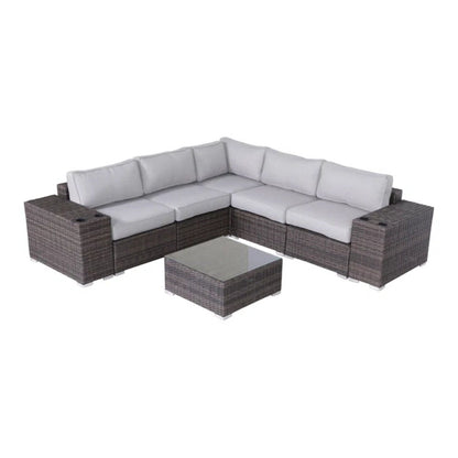Modern patio rattan sectional with gray cushions and glass-top coffee table 2piece HouseOfZazla on Tampa Home & Garden Store