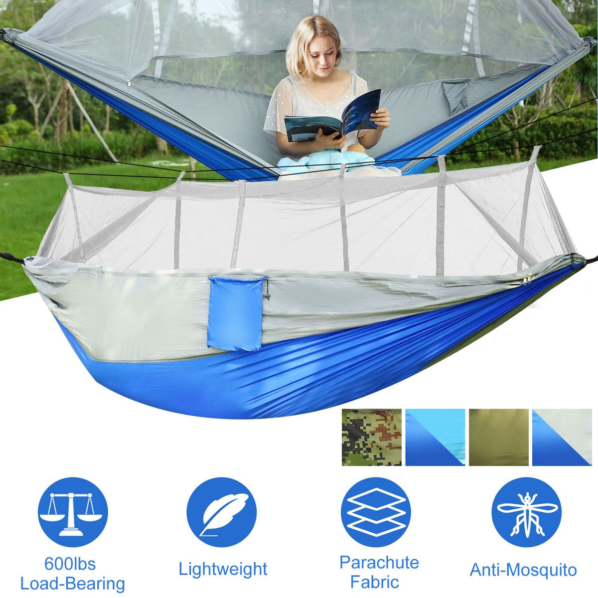 GemGear 2-person camping hammock with mosquito net blue/gray nylon 600lbs load capacity carry bag on Tampa Home & Garden Store