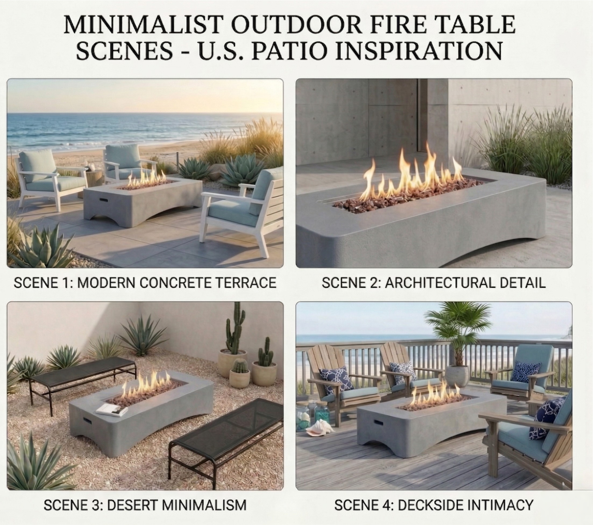 56-inch rectangular propane fire pit table on a modern concrete terrace with outdoor lounge seating on Tampa Home & Garden Store