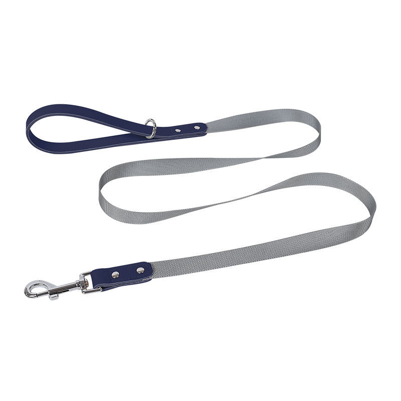 Leather dog chest harness and nylon leash set by Pet Zen, navy accents with gray leash on Tampa Home & Garden Store