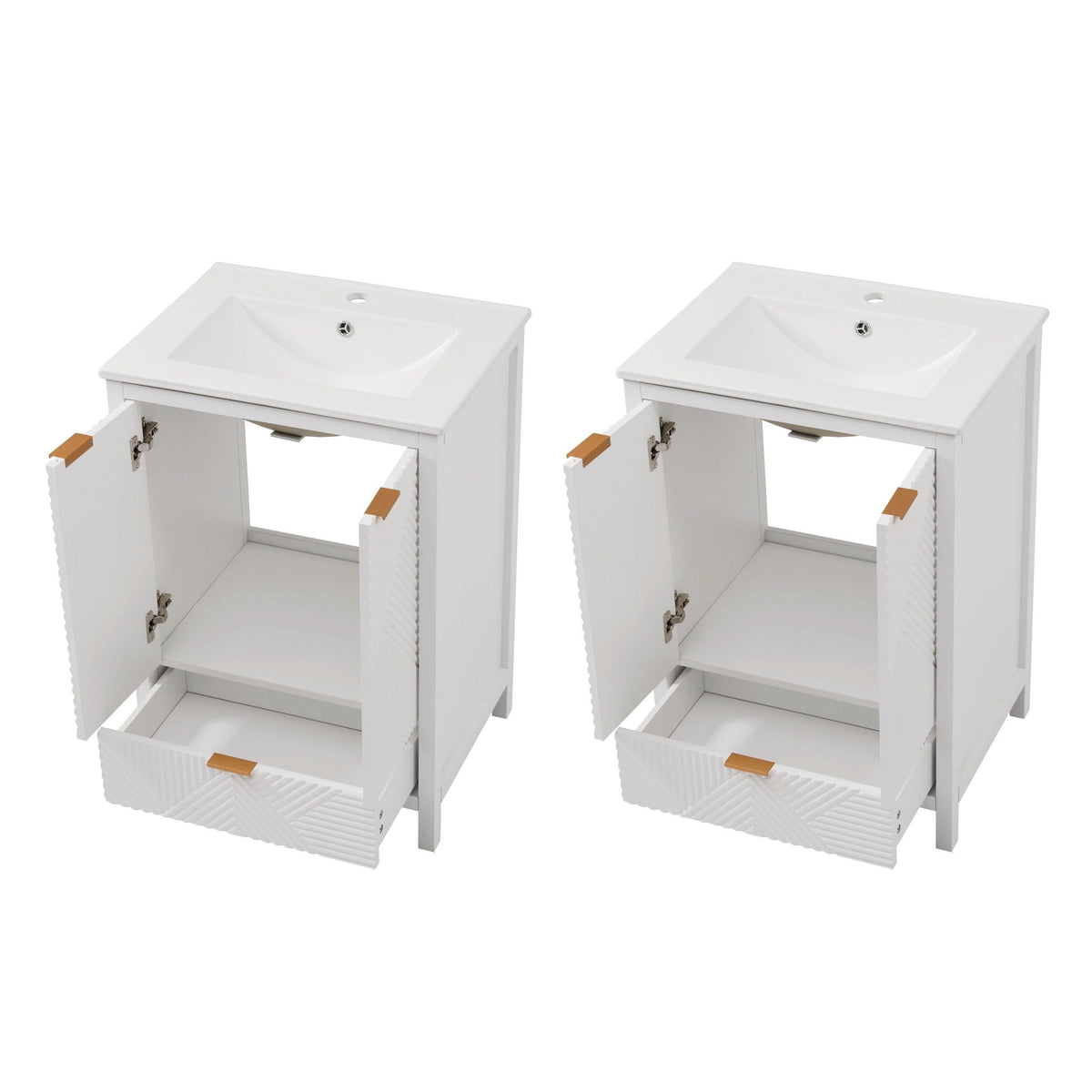 Pair of white bathroom vanities with sinks by HouseOfZazla, compact storage on Tampa Home & Garden Store