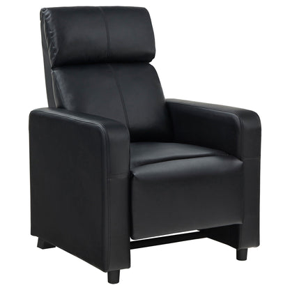 Push Back Recliner Black leather reclining chair with padded headrest and armrests on Tampa Home & Garden Store