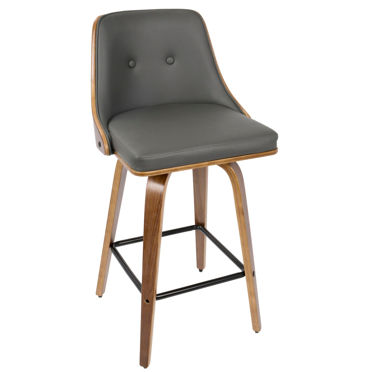 Mid-century modern counter stool with swivel gray faux leather seating wood frame on Tampa Home & Garden Store