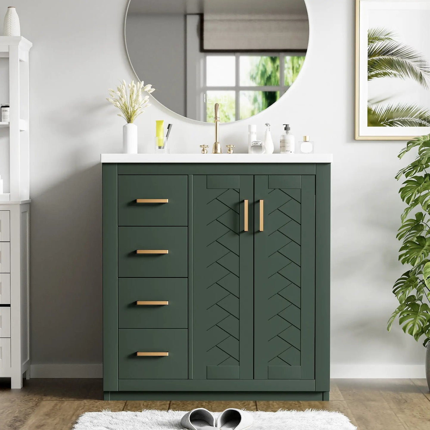 Ceramic sink vanity with 3 drawers and soft-close doors in dark green by Unique Piece Furniture on Tampa Home & Garden Store