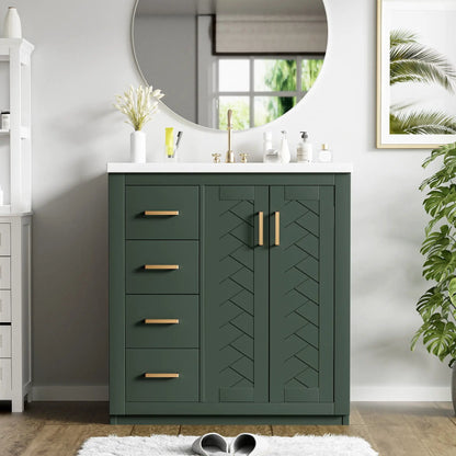 Ceramic sink vanity with 3 drawers and soft-close doors in dark green by Unique Piece Furniture on Tampa Home & Garden Store