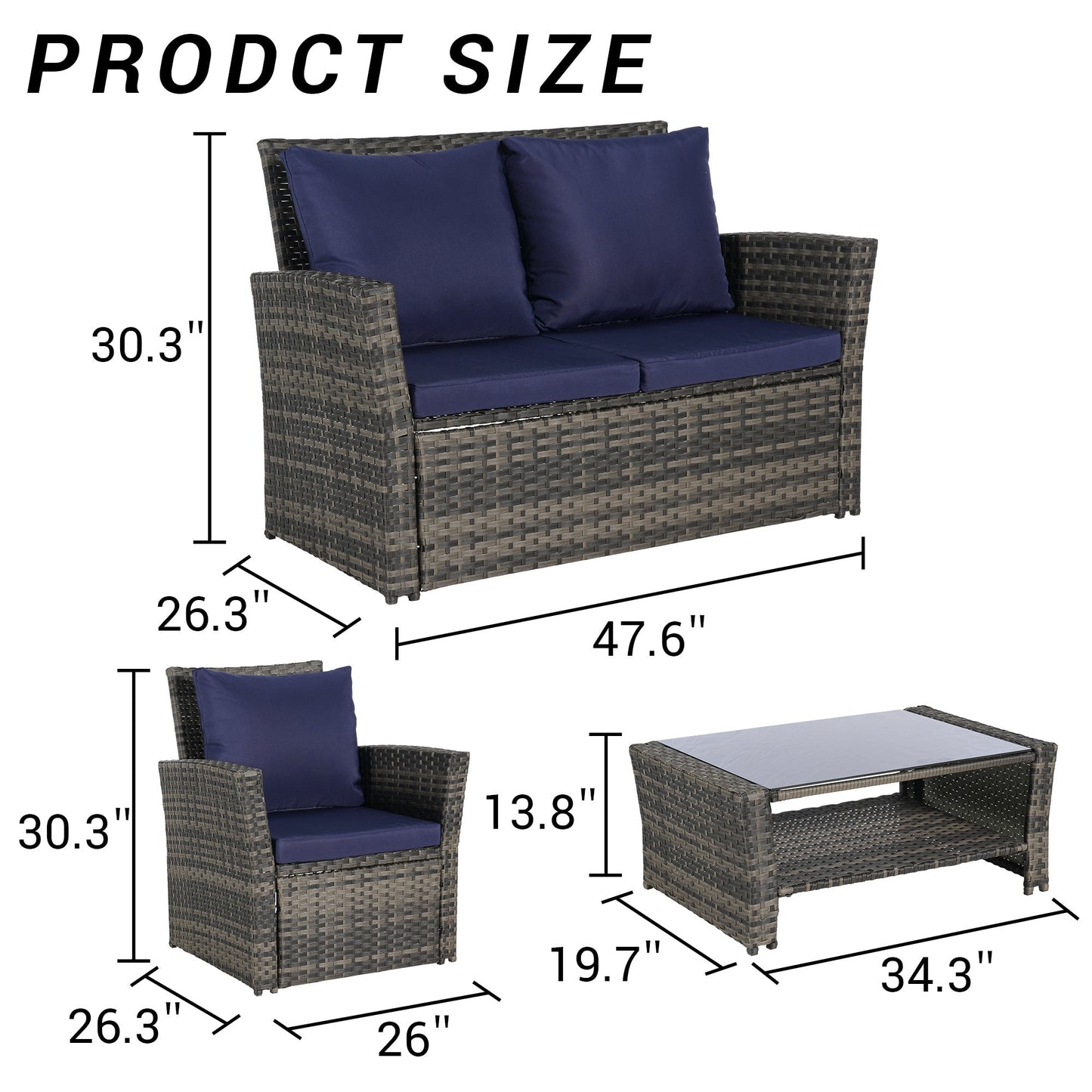 4-Piece outdoor patio set with brown rattan chairs, navy cushions, tempered glass table on Tampa Home & Garden Store
