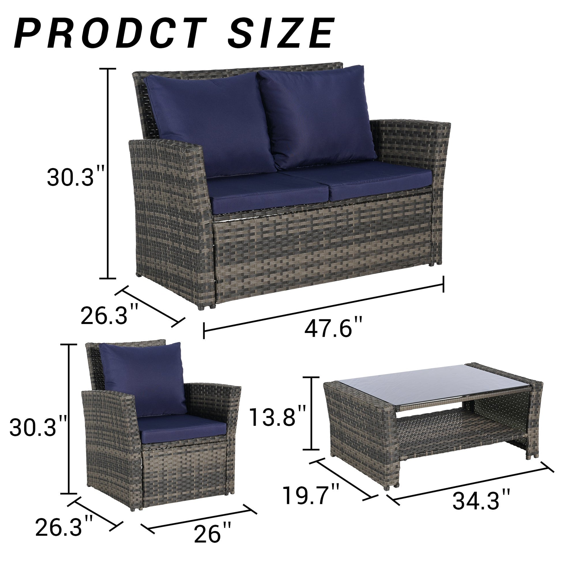4-Piece outdoor patio set with brown rattan chairs, navy cushions, tempered glass table on Tampa Home & Garden Store