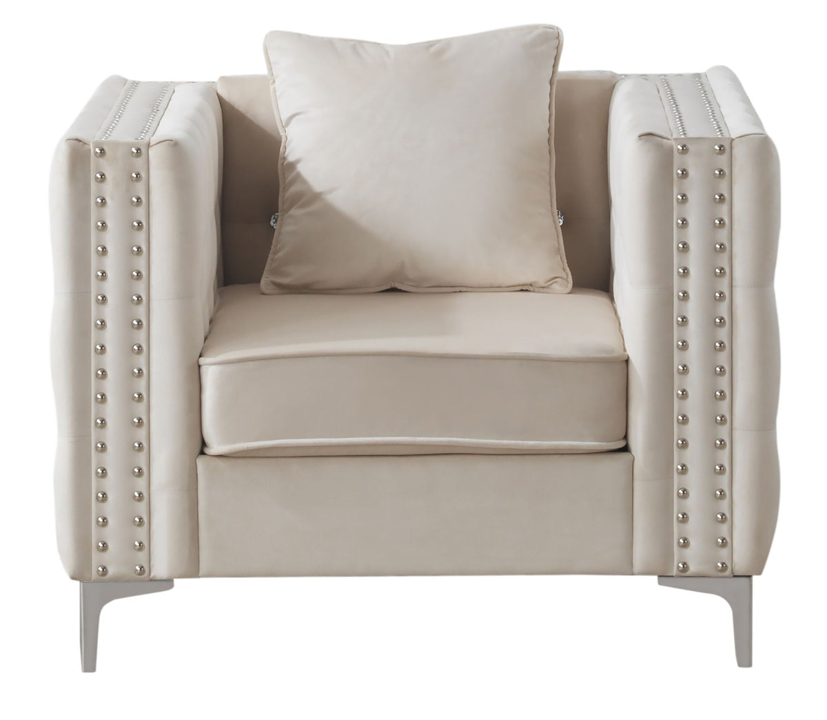 Tufted Arm Chair Paige by HouseOfZazla in beige upholstery with nailhead studs on Tampa Home & Garden Store