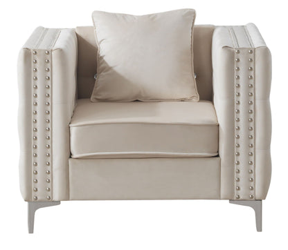 Tufted Arm Chair Paige by HouseOfZazla in beige upholstery with nailhead studs on Tampa Home & Garden Store