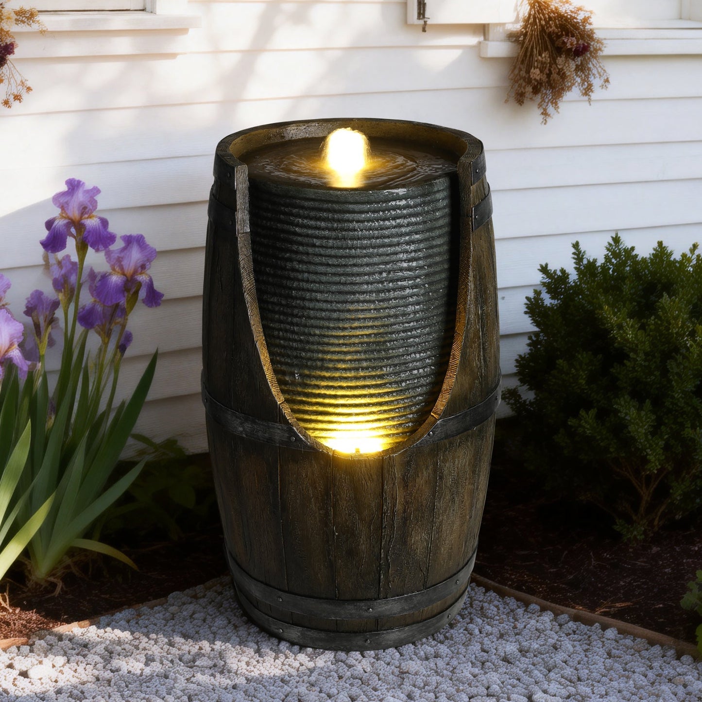 Wooden barrel outdoor fountain with warm lights in dark wood finish HouseOfZazla on Tampa Home & Garden Store