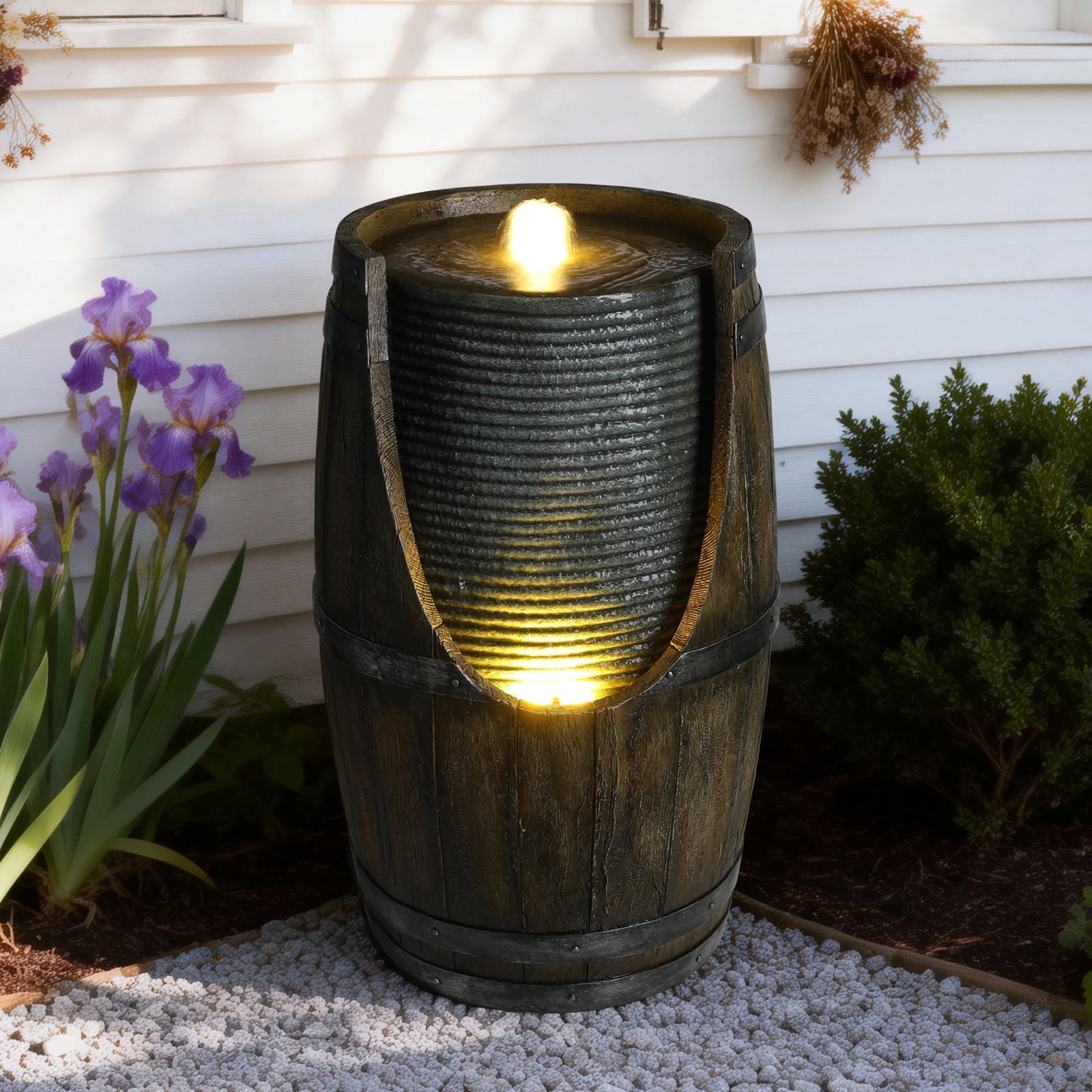 Wooden barrel outdoor fountain with warm lights in dark wood finish HouseOfZazla on Tampa Home & Garden Store
