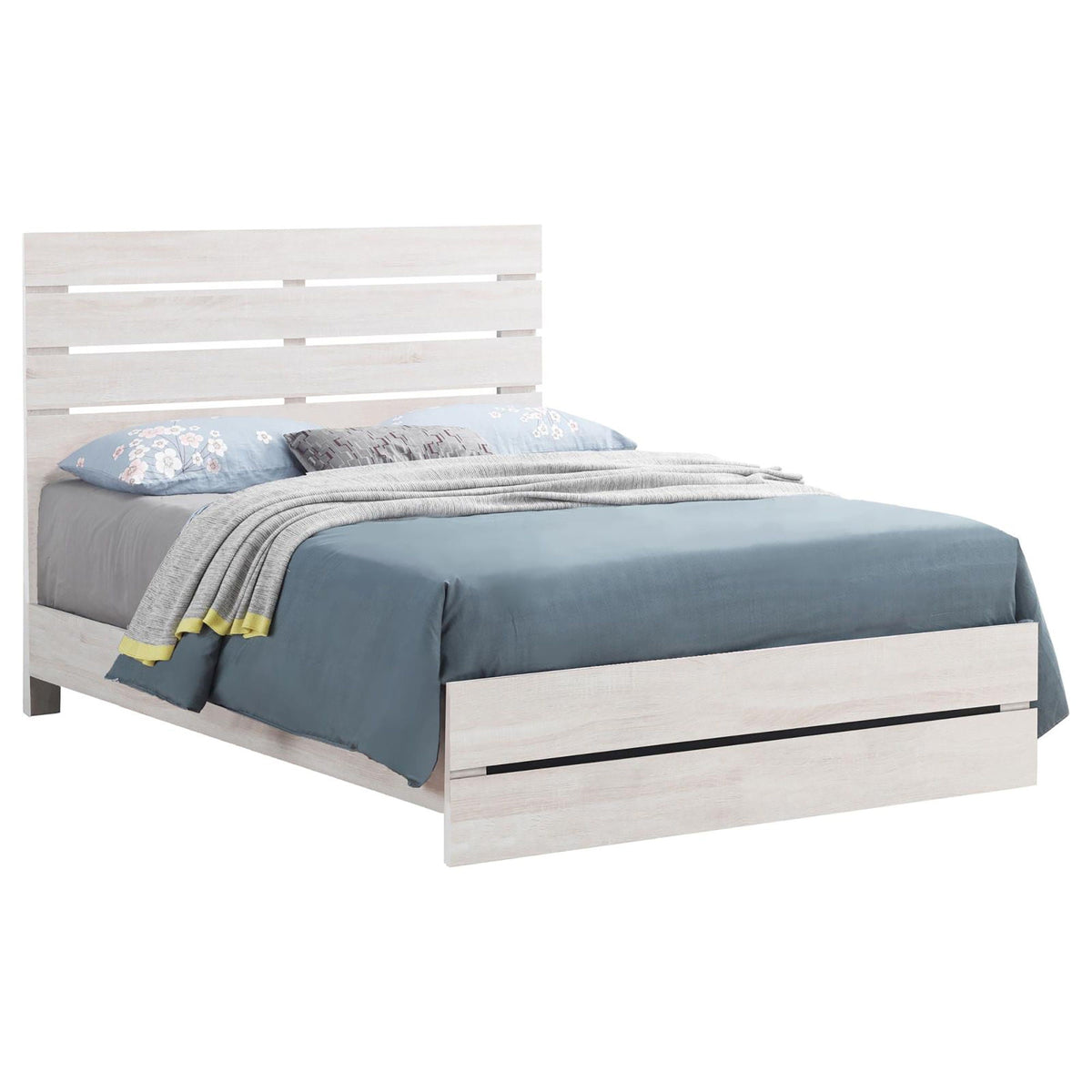 Slatted headboard panel bed by HouseOfZazla in lightwashed wood with blue bedding on Tampa Home & Garden Store