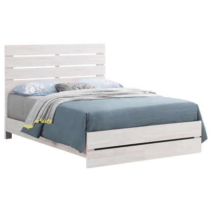 Slatted headboard panel bed by HouseOfZazla in lightwashed wood with blue bedding on Tampa Home & Garden Store