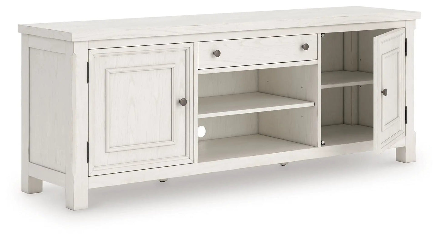 Robbinsdale Extra Large TV Stand antique white with two cabinets and drawers, shelves on Tampa Home & Garden Store