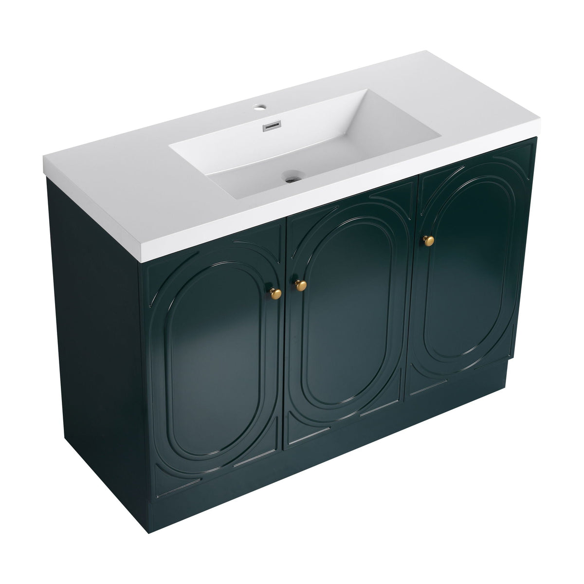 Freestanding Bath Vanity with Resin Sink and Door, dark green cabinet with white countertop on Tampa Home & Garden Store