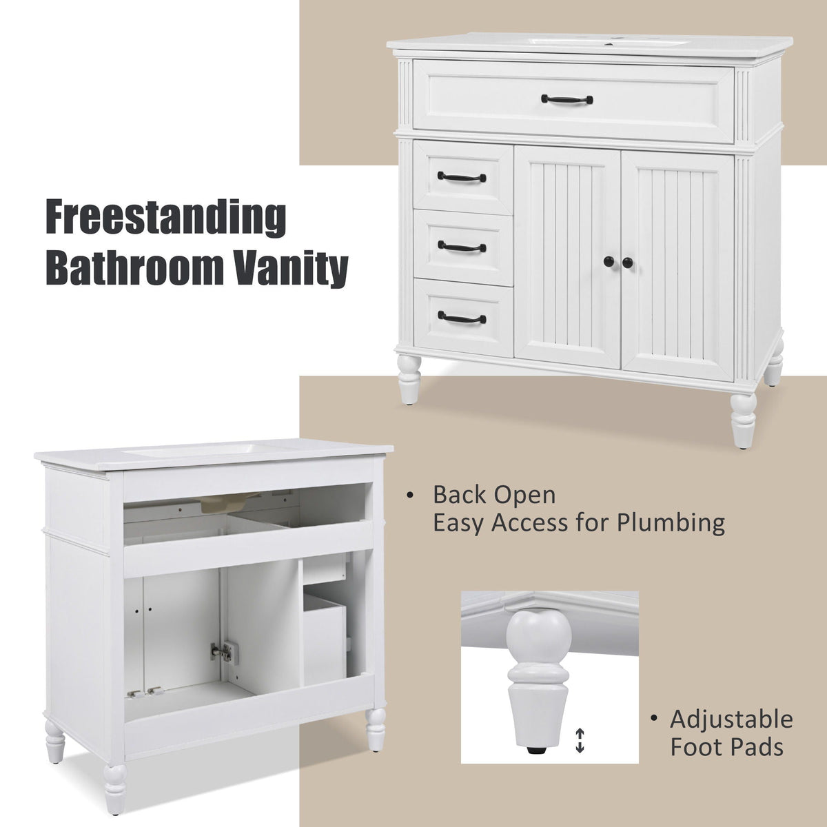 Bathroom vanity with sink & drawers by HouseOfZazla, freestanding solid wood, white on Tampa Home & Garden Store