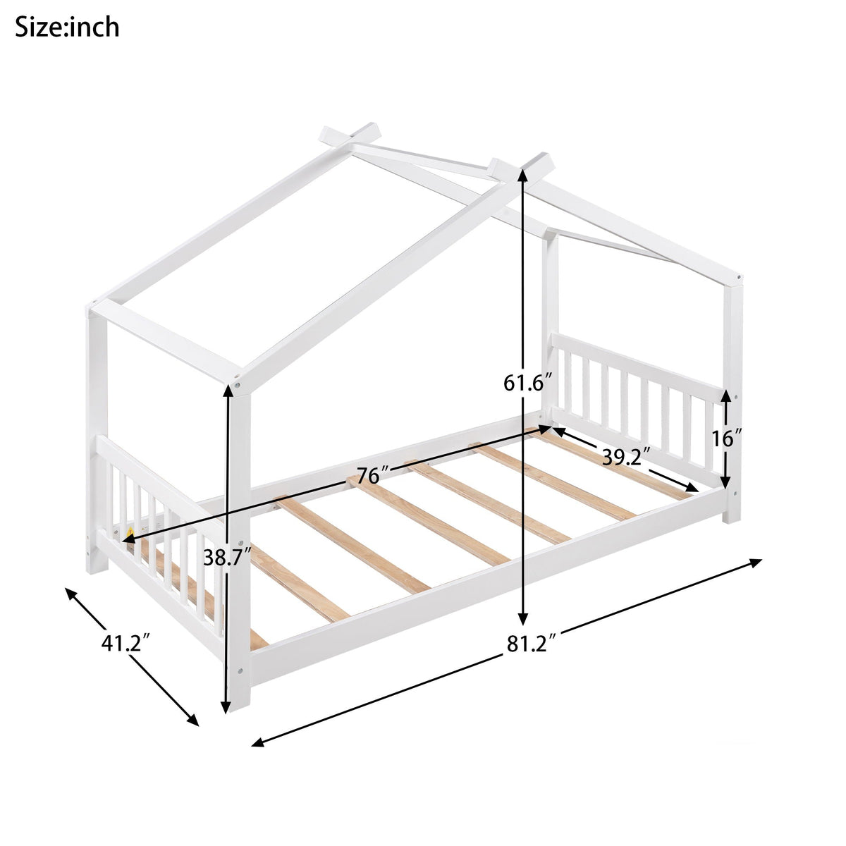 HouseOfZazla white platform bed with roof-design headboard and footboard, dimensions on Tampa Home & Garden Store