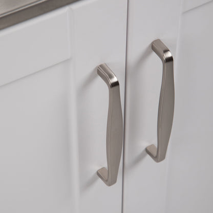 Deluxe laundry vanity cabinet doors in white with two curved brushed-nickel handles on Tampa Home & Garden Store