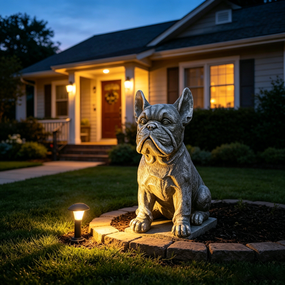 16-inch stone-gray outdoor French Bulldog statue by HouseOfZazla on stone steps, lit on Tampa Home & Garden Store