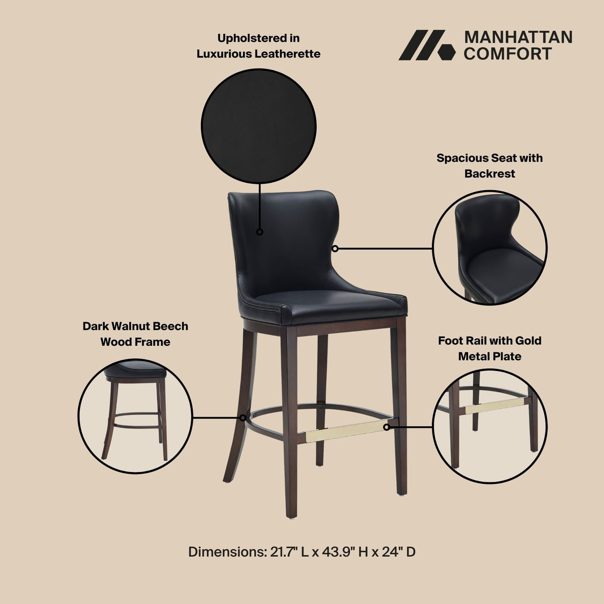 Barstool with Backrest, Bar Height, two stools, black leatherette, dark walnut frame, Manhattan Comfort on Tampa Home & Garden Store